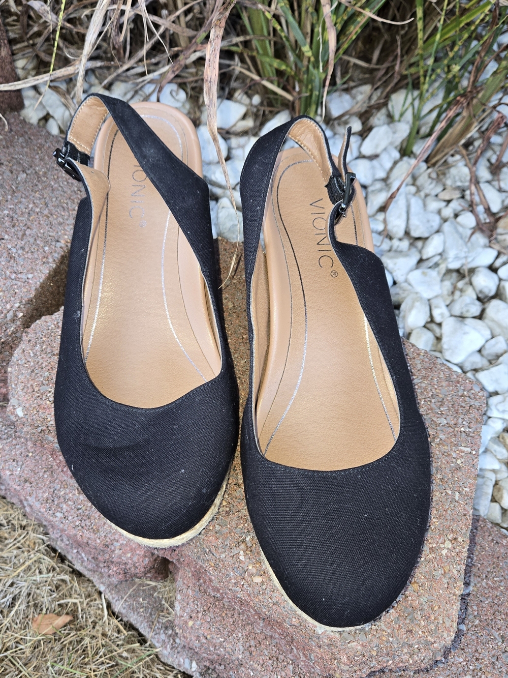 Vionic Coralina Black Canvas Espadrille Wedge Slingback Sandals 9.5 W Wide